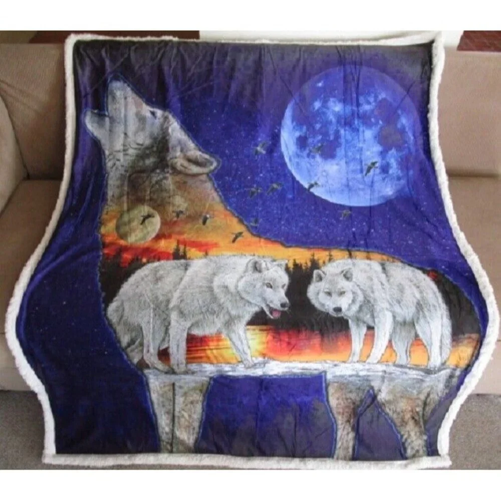 New Wolf Wolves and Moon Sherpa Gift Fleece Throw Blanket Sihouette Orange Sky - Picture 1 of 4